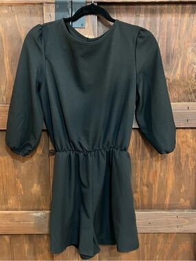 Black Puff Sleeve Romper with Elastic Waist